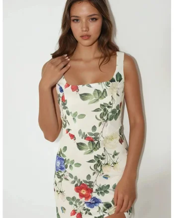 Rochie mini,  mulata, decolteu patrat, imprimeu floral, multicolor, jerseu