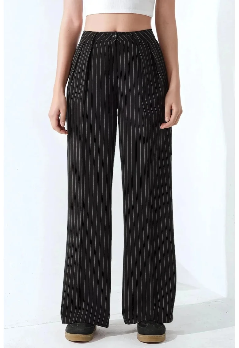 Pantaloni pentru dama,  Palazzo, cu dungi, pliati, poliester/viscoza, negru