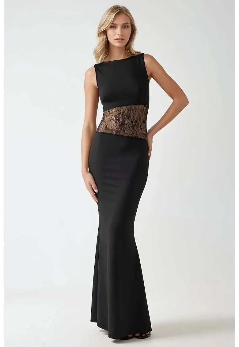 Rochie maxi,  mulata, detalii dantelate, neagra, jerseu