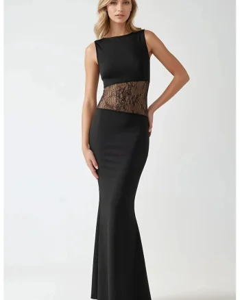 Rochie maxi,  mulata, detalii dantelate, neagra, jerseu