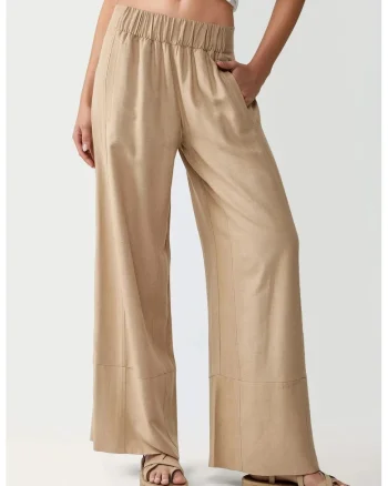 Pantaloni pentru dama,  cu talie elastica, croiala larga, textil, bej