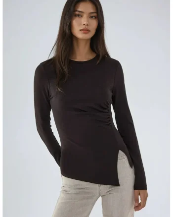 Bluza asimetrica,  maneca lunga, guler rotund, neagra, poliester-acril