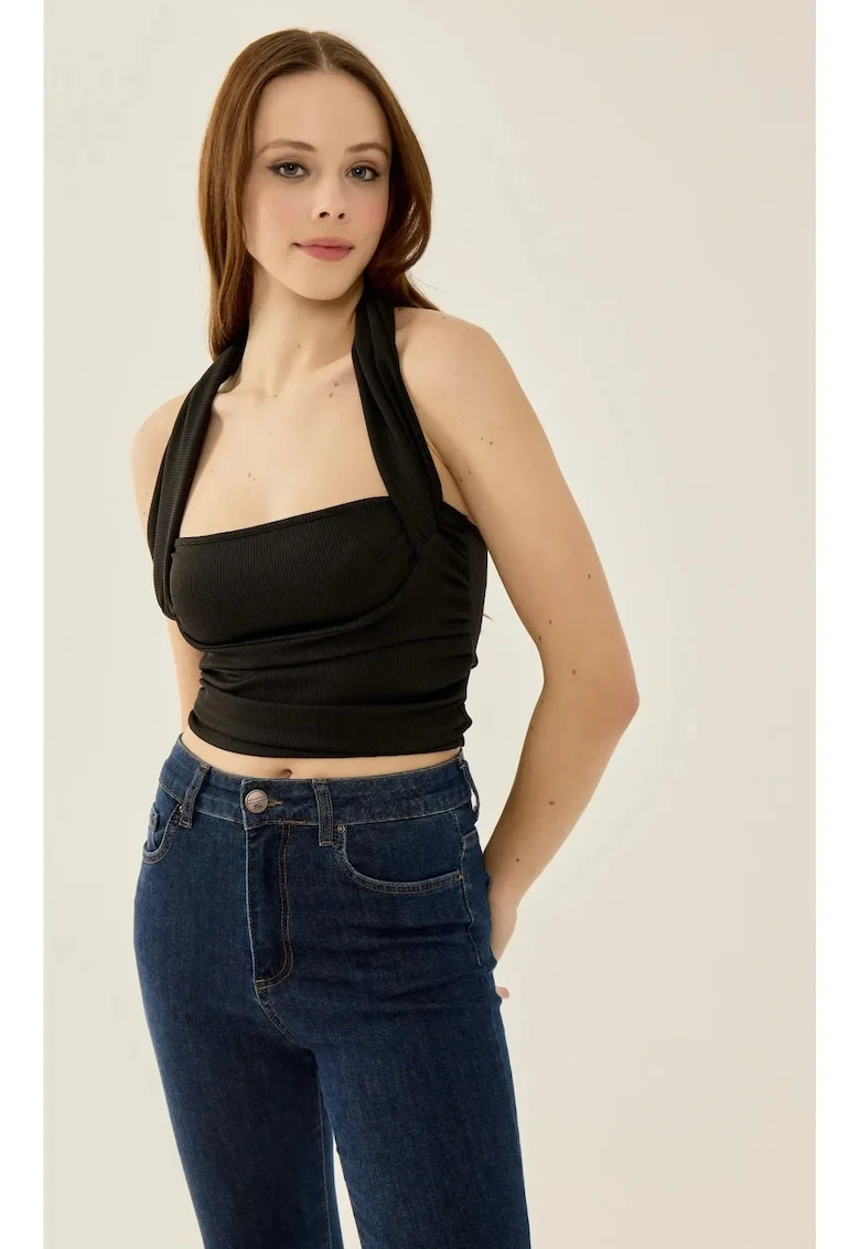 Top ,  top tricotat slim fit, negru, jerseu poliester