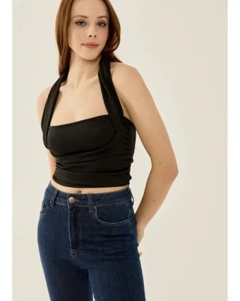 Top ,  top tricotat slim fit, negru, jerseu poliester