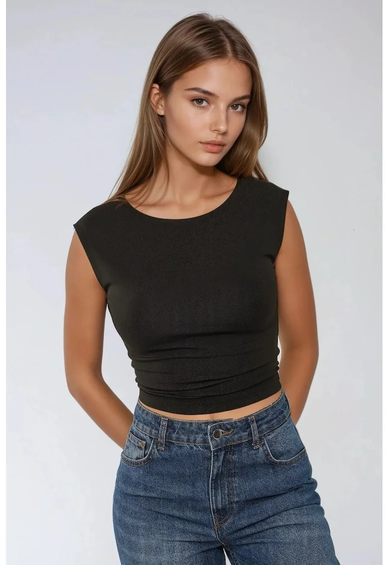 Top ,  top scurt din viscoza, spate deschis, croiala slim fit, negru, jerseu