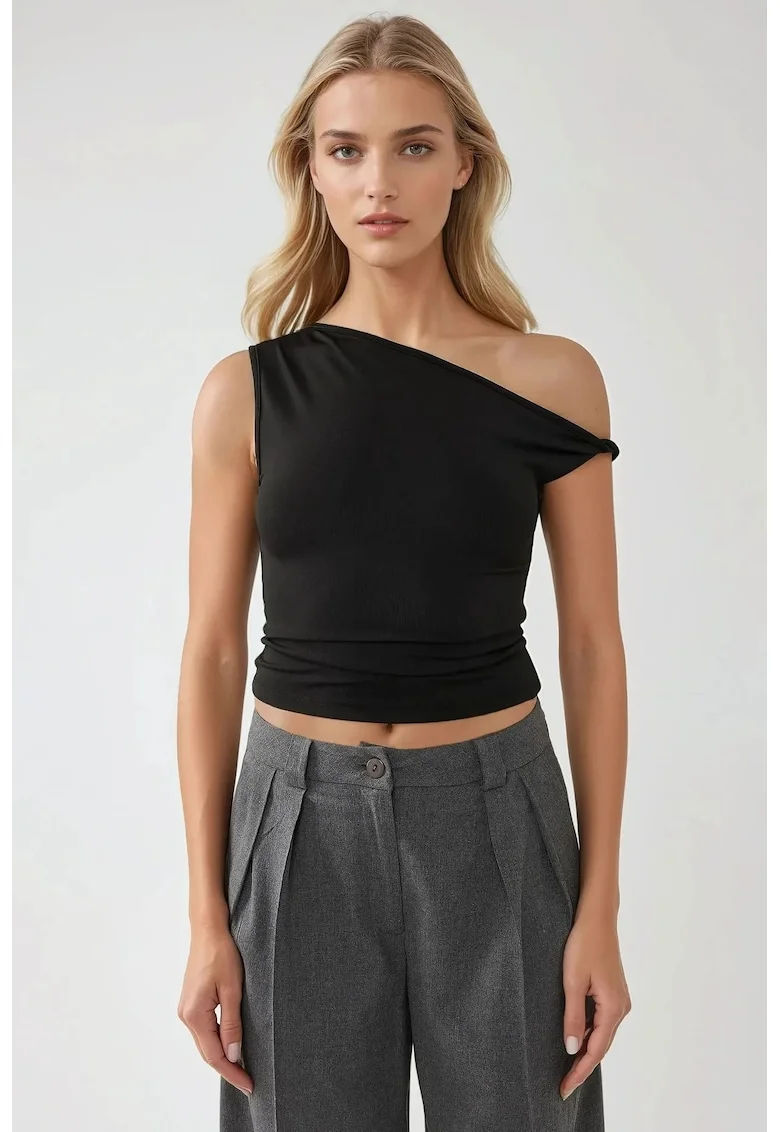 Top  slim fit, guler asimetric, umeri goi, negru, jerseu, Negru