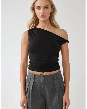 Top  slim fit, guler asimetric, umeri goi, negru, jerseu, Negru