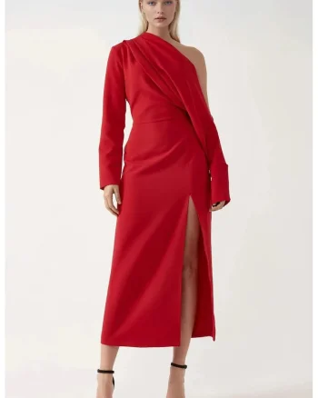 Rochie midi,  guler asimetric, crapatura, rosu