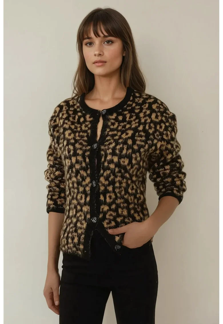Pulover dama,  cardigan tricotat, imprimeu leopard, croiala lejera, maro, tricot