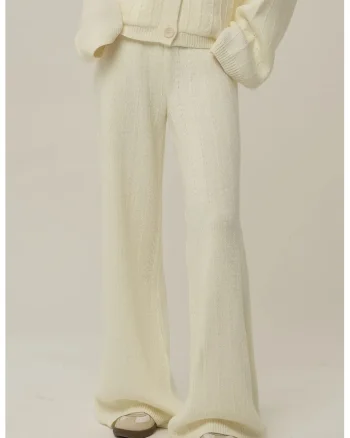 Pantaloni dama,  tricotati texturati, croi larg, culoare natur, acril