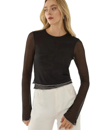 Bluza dama,  semitransparenta, guler rotund, negru, poliester