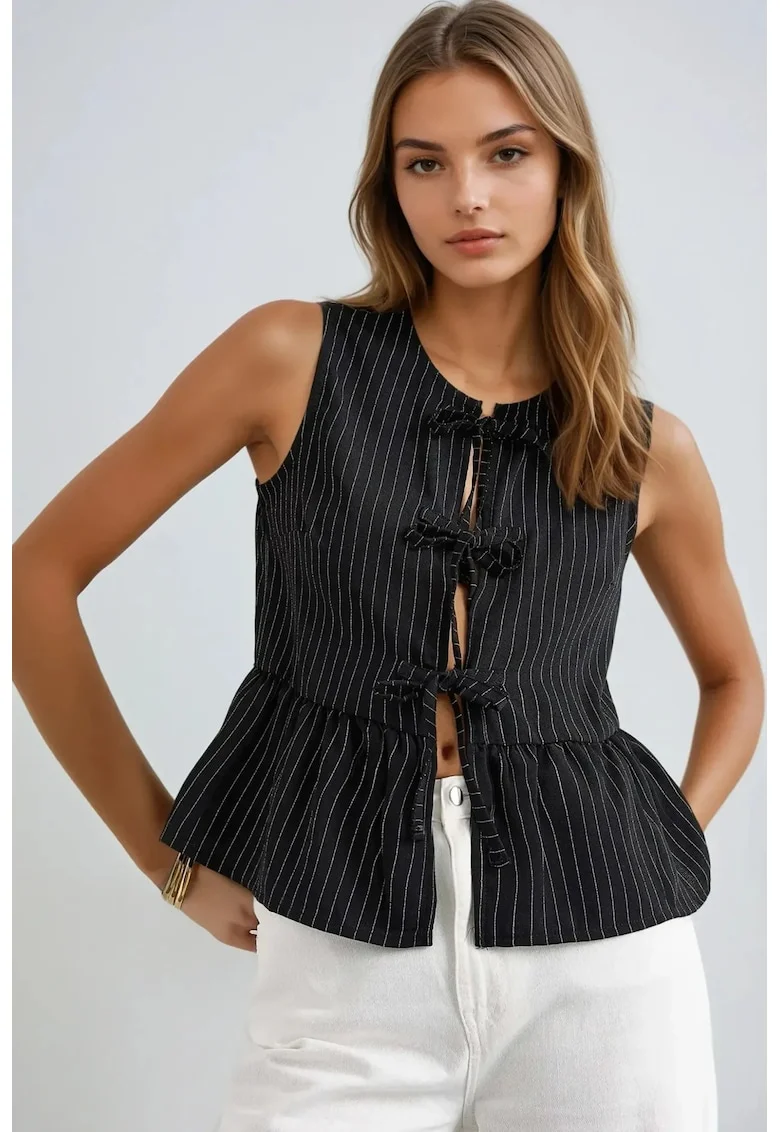 Bluza dama,  fara maneci, guler rotund, dungi, negru, poliester