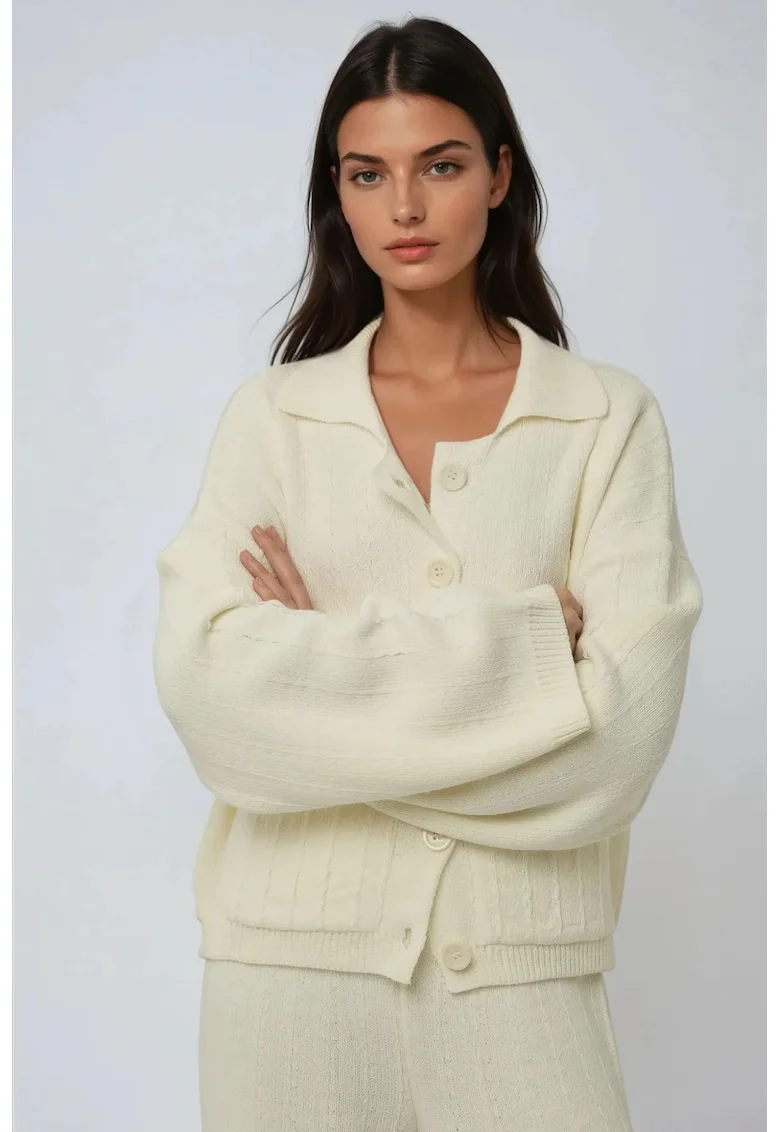 Pulover dama,  cardigan tricotat texturat cu nasturi, natural, acril