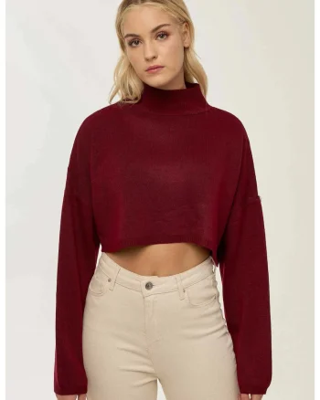 Pulover dama,  scurt cu guler inalt, dungi, rosu, tricot