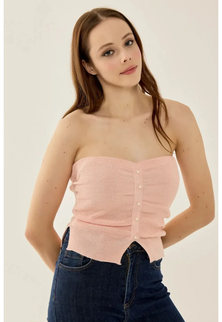 Top tricotat  fara bretele, slim fit, roz, acril