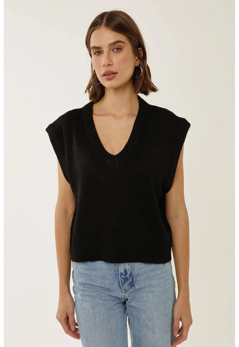 Veste tip pulover,  scurta, decolteu in V, negru, acril/poliester