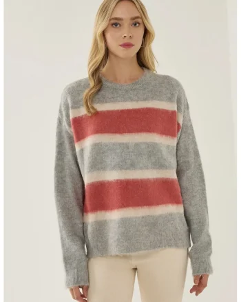 Pulover dama,  Relaxed Fit, dungi colorate, gri, acril