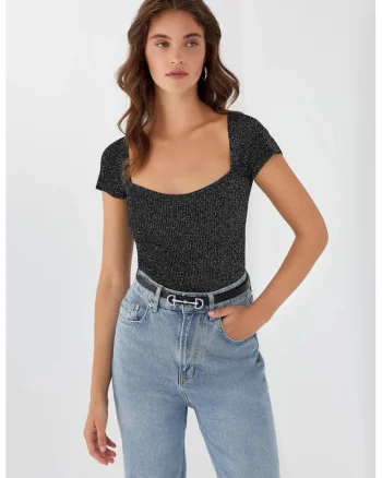 Bluza dama,  tricotata, guler patrat, negru, material acrilic, S INTL,