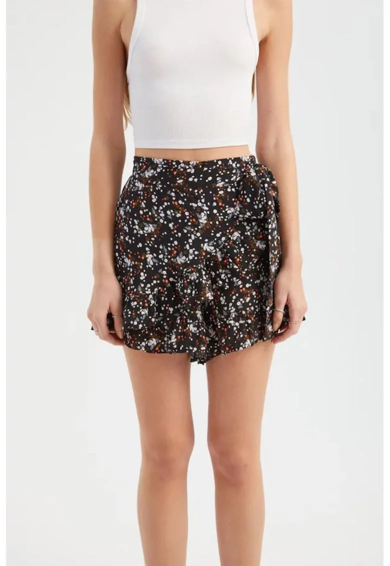 Pantaloni scurti dama,  talie inalta, imprimeu floral, negru, textil