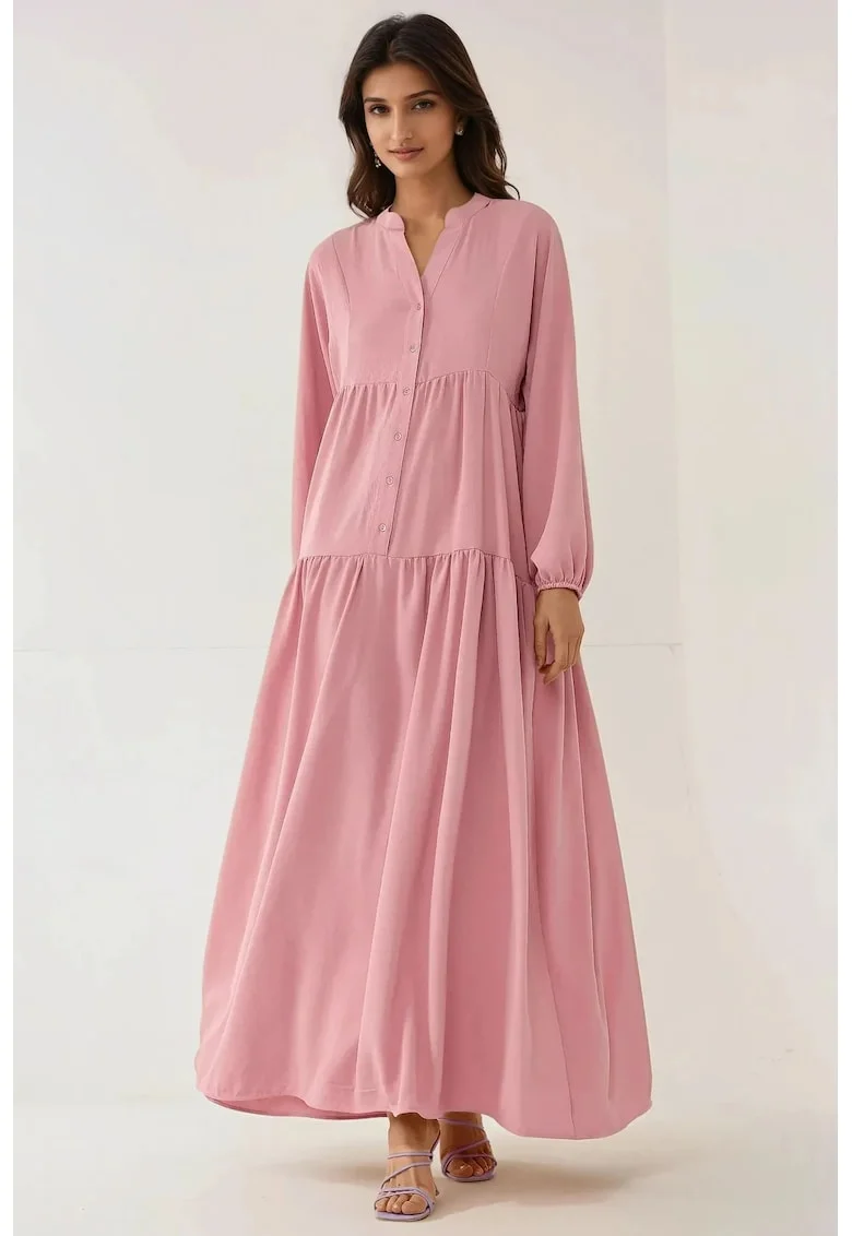 Rochie maxi  decolteu in V, detaliu cu nasturi, roz, textil