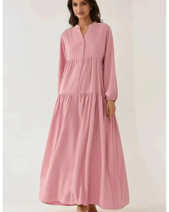 Rochie maxi  decolteu in V, detaliu cu nasturi, roz, textil