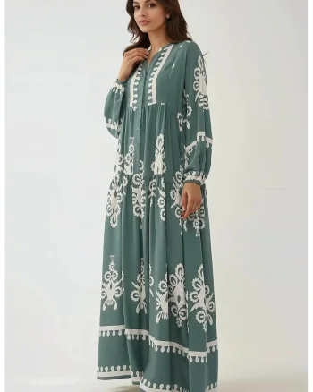 Rochie maxi  imprimeu, maneca lunga, verde, viscoza