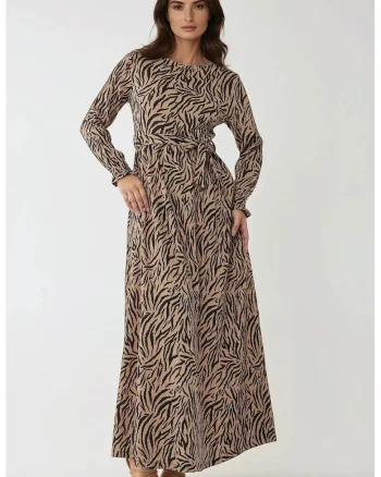 Rochie maxi,  guler rotund, imprimeu, maro