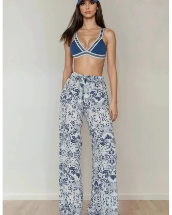 Pantaloni dama,  cu imprimeu, talie elastica, multicolori, bumbac