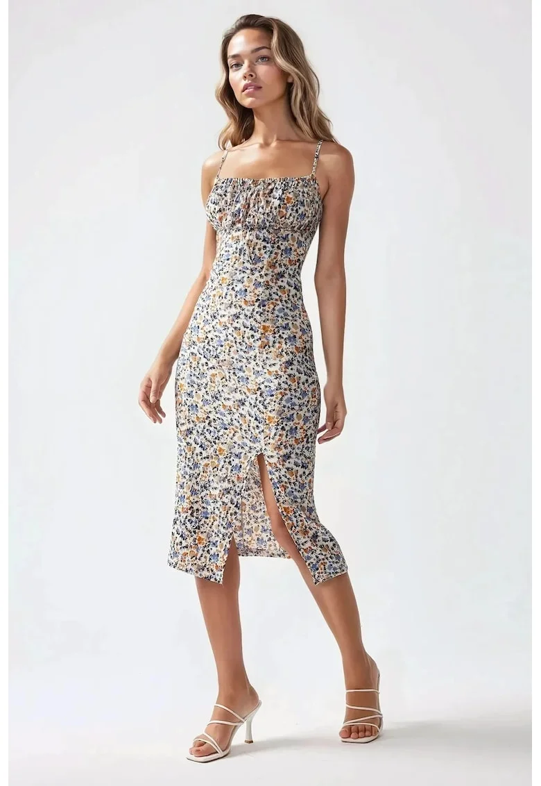 Rochie midi mulata,  imprimeu floral, crapatura, multicolor, jerseu