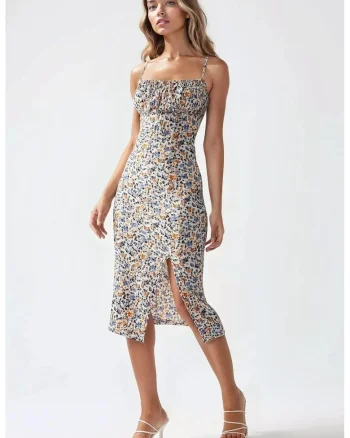 Rochie midi mulata,  imprimeu floral, crapatura, multicolor, jerseu