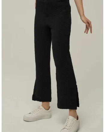 Pantaloni dama,  texturati, talie inalta, negru, bumbac-elastan