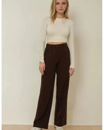 Pantaloni dama,  casual, croiala larga, maro, poliester-elastan