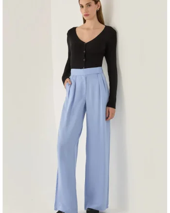 Pantaloni dama,  cu dantela, talie inalta, albastri, lyocell