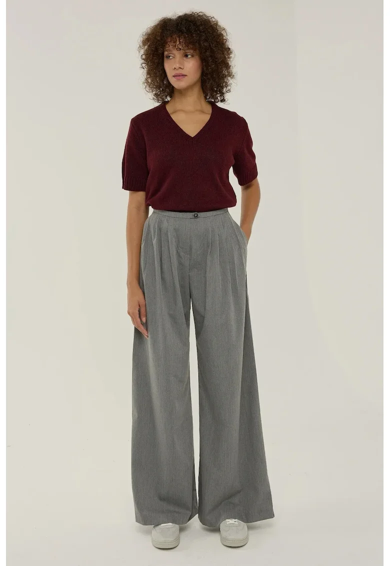 Pantaloni dama,  plisati, picior larg, gri, poliester-viscoza
