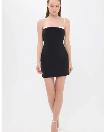 Rochie mini,  bretele fine, detalii elegante, negru, textil