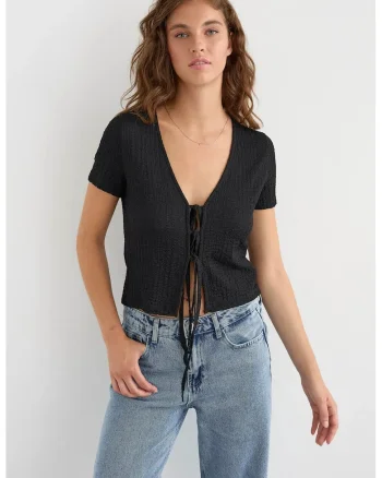 Bluza dama,  maneca scurta, detalii de legat, negru, poliester si elastan
