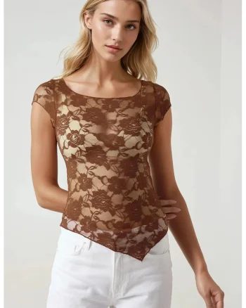Top scurt,  dantela florala, slim fit, maro, jerseu