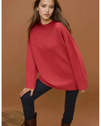 Pulover dama,  lung tricotat gros, guler rotund, rosu, tricot