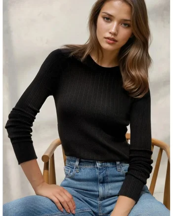 Pulover dama  guler rotund, maneca lunga, negru, tricot