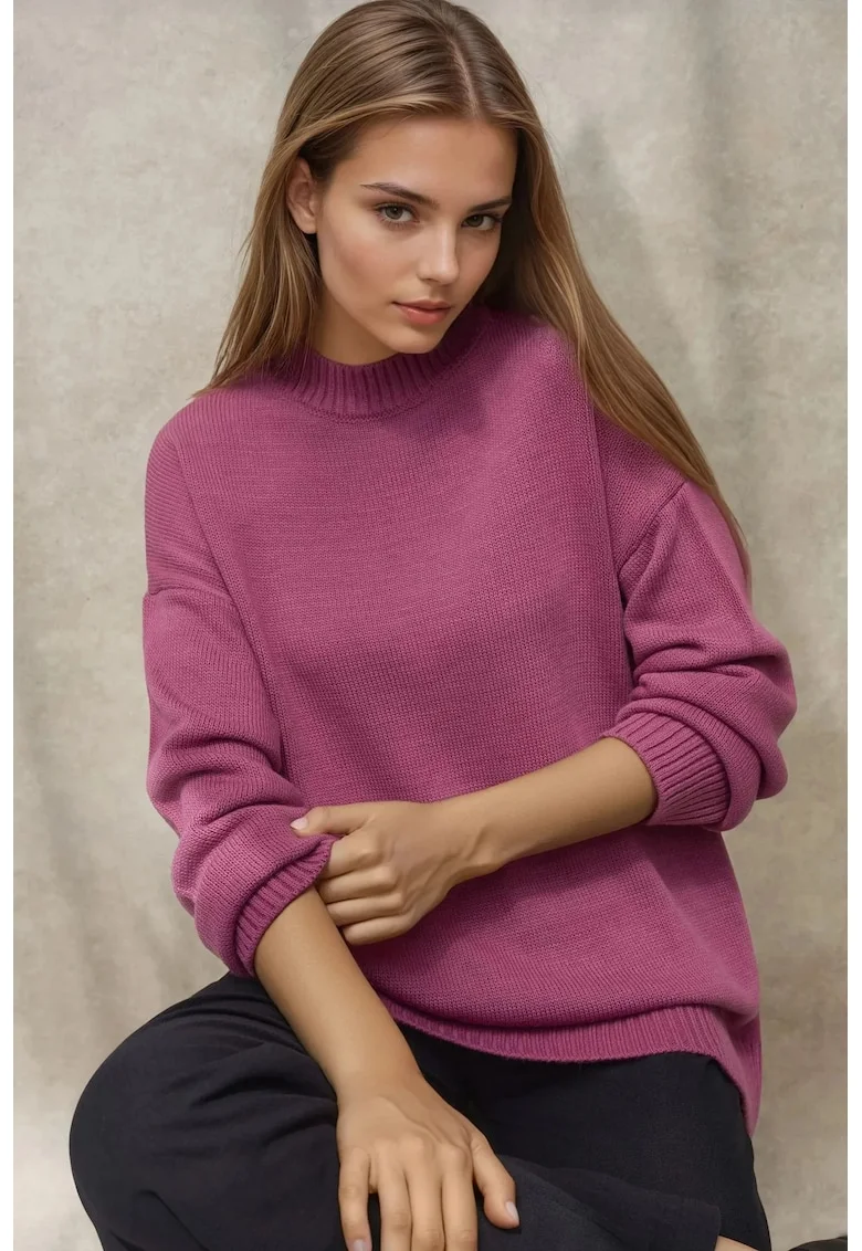 Pulover lung dama,  tricotat din material gros, guler rotund, roz prafuit, tricot
