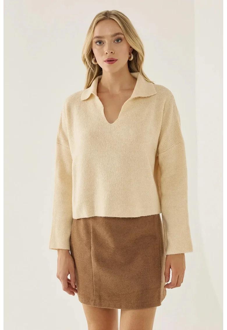 Pulover dama  guler camasa, croiala lejera, natural, acril