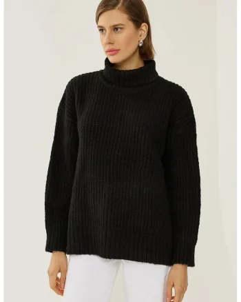 Pulover dama,  cu guler inalt, negru, acril