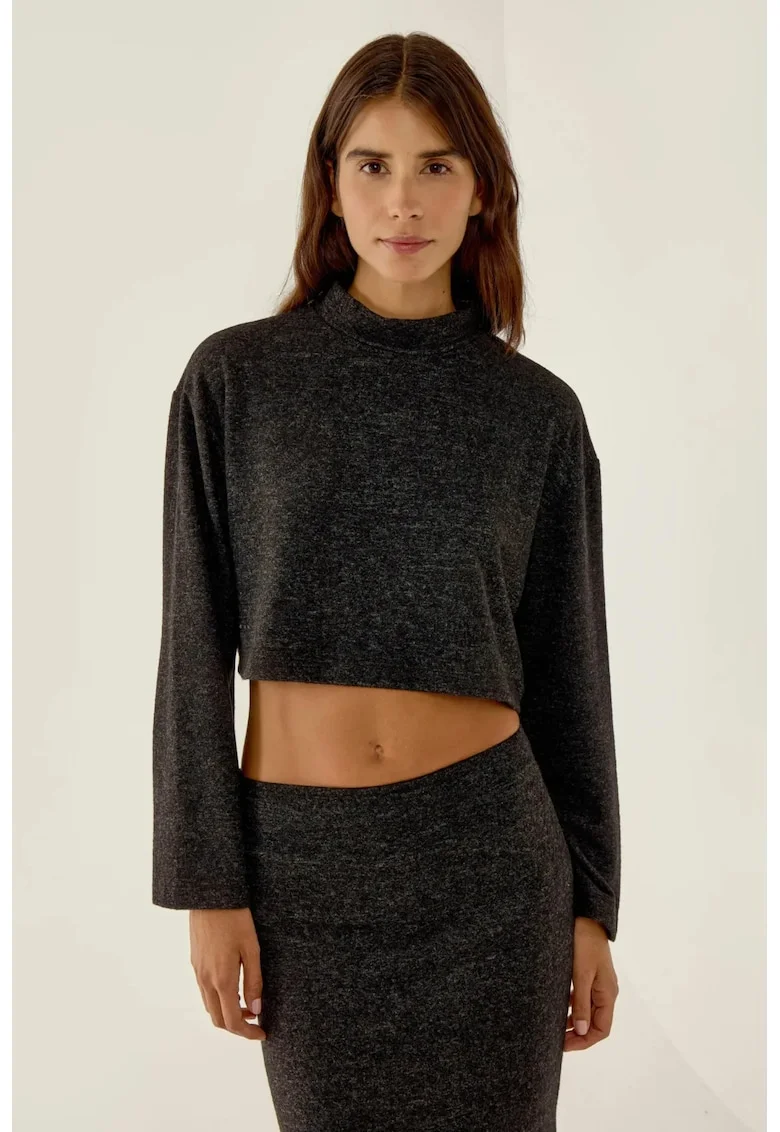 Bluza dama,  Relaxed Fit, guler inalt, negru, poliester si viscoza