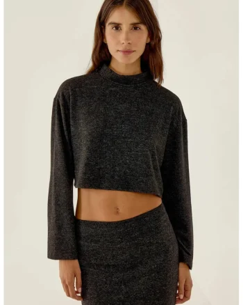 Bluza dama,  Relaxed Fit, guler inalt, negru, poliester si viscoza