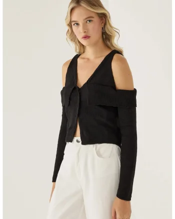 Pulover tricotat decupat,  negru, acril, pentru femei