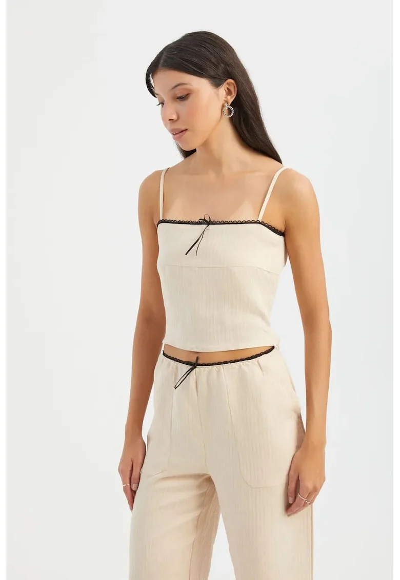 Top de pijama scurt,  cu dungi, guler patrat, bej, textil