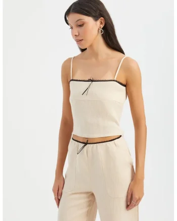 Top de pijama scurt,  cu dungi, guler patrat, bej, textil