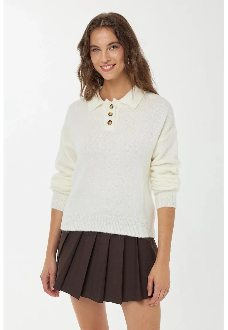 Pulover dama,  pulover tricotat cu guler cu nasturi, alb, tricot