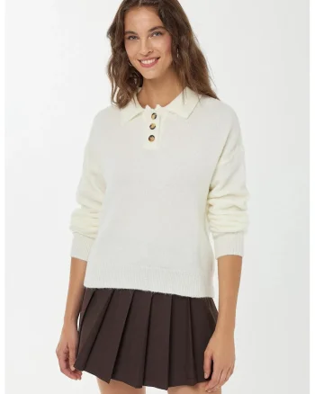 Pulover dama,  pulover tricotat cu guler cu nasturi, alb, tricot