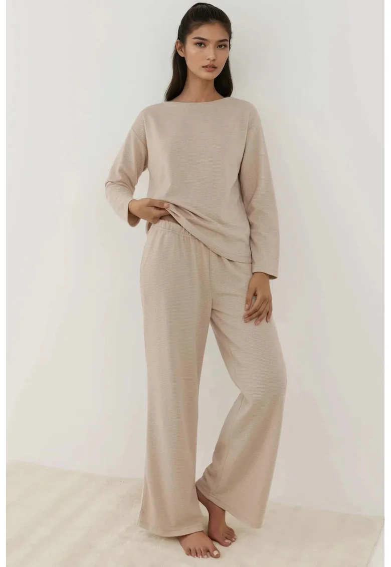 Set pijamale  texturate, jerseu, bej